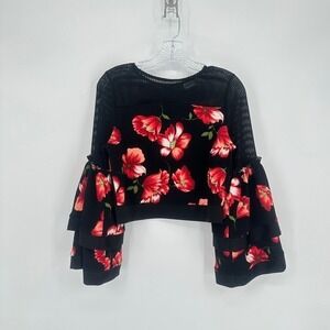 Impulse Black Red Floral Mesh Ruffle Sleeve Cropped Top Medium